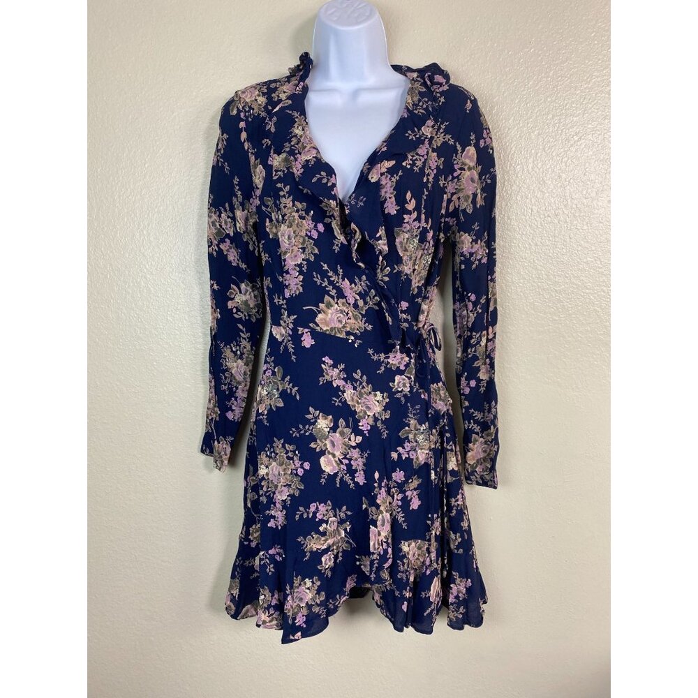 Free People Floral True Wrap Dress size Small Long Sleeves Ruffle Hem Blue Pink